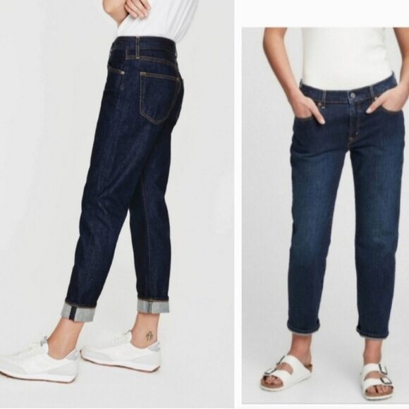 Gap Selvedge Girlfriend Mid Rise Jeans Loose Cropped Denim Dark Wash Size 30 R - Picture 1 of 11